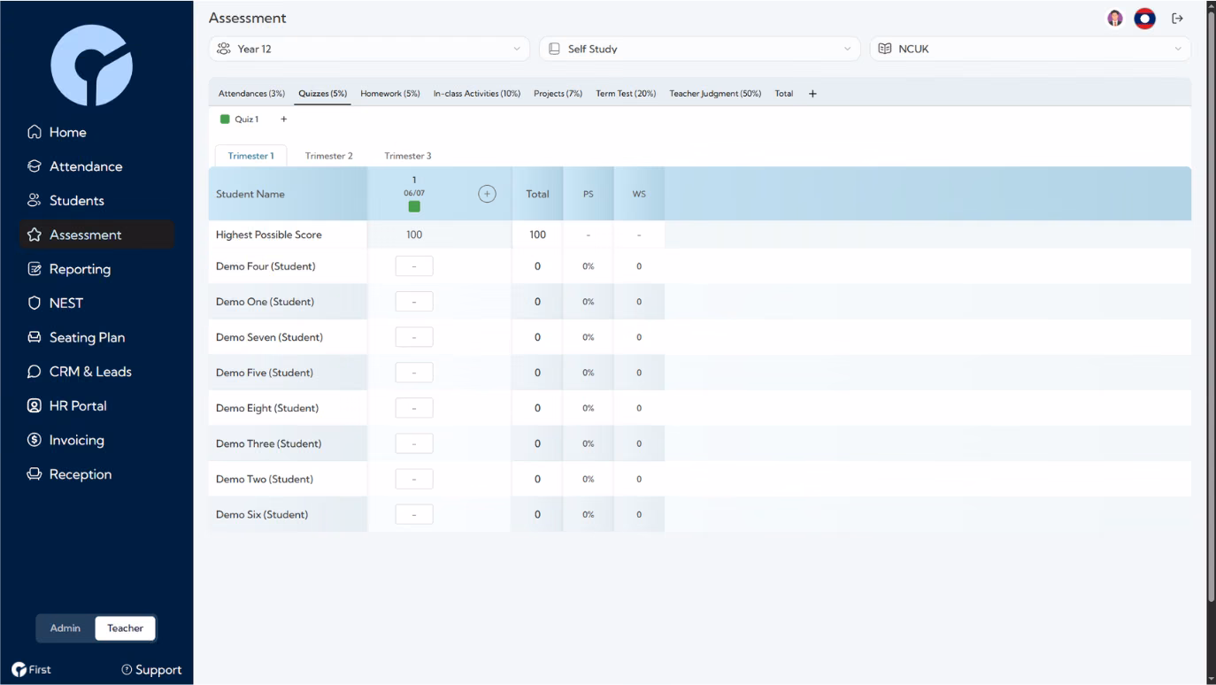 Assessment gradebook screenshot