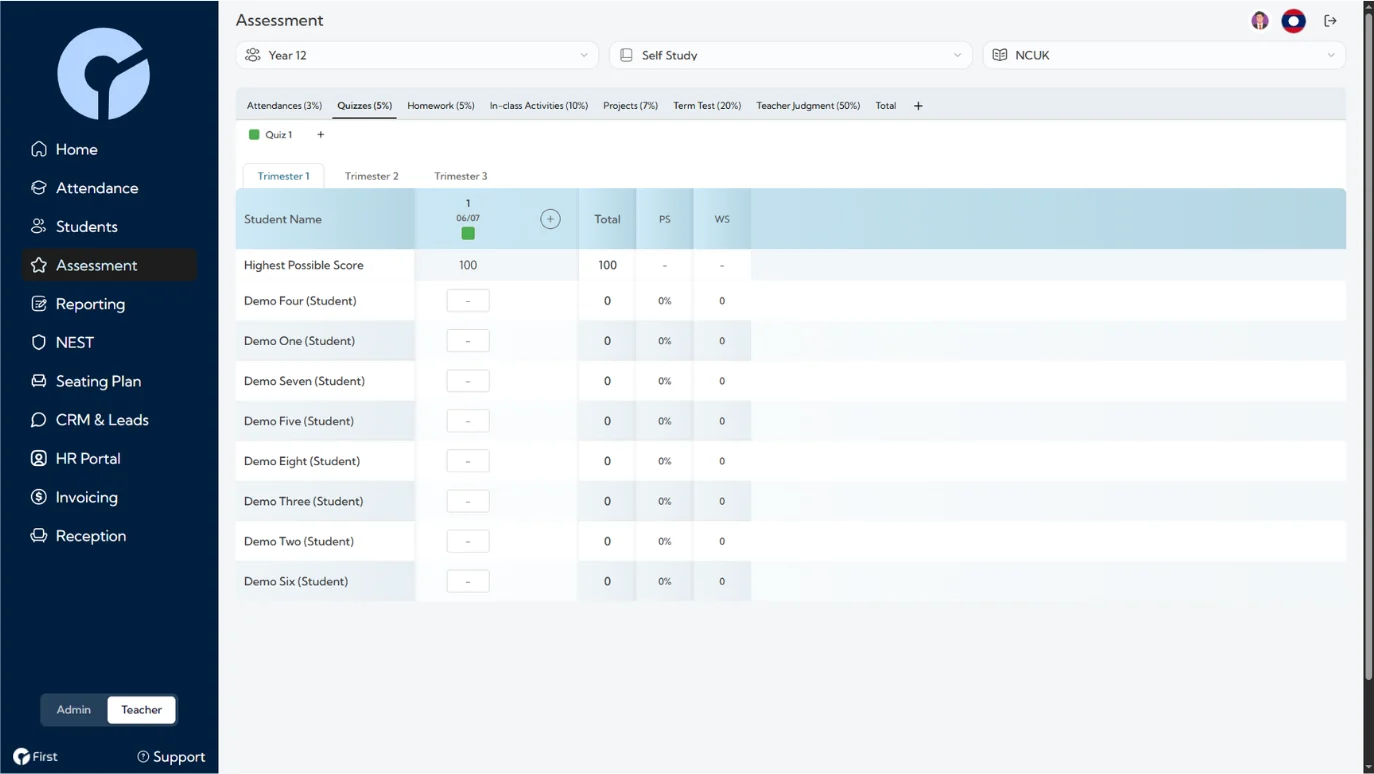 The weighted gradebook, with assessment categories and their percentage weights across three trimesters.