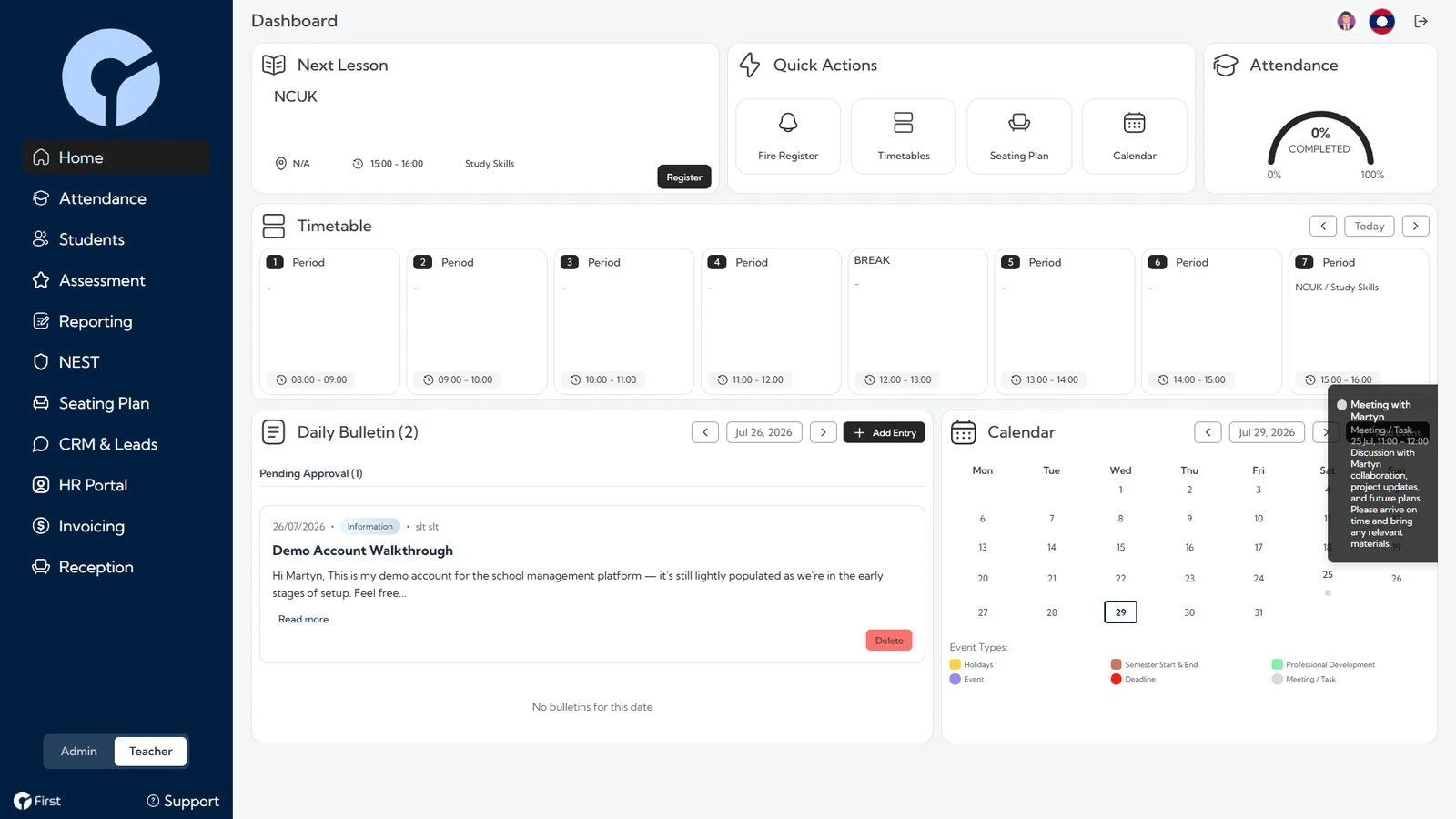 The First IMS dashboard, showing the next lesson, today's timetable, attendance so far and the daily bulletin.