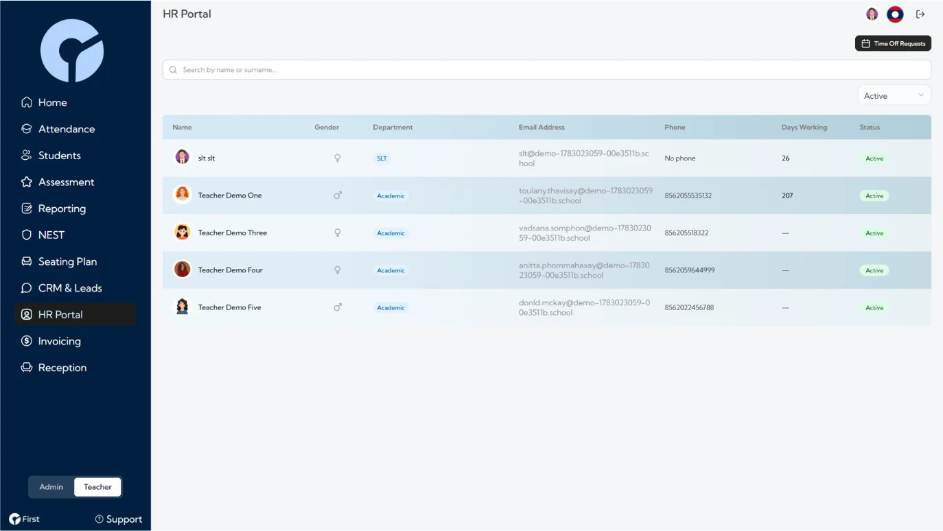 The HR portal staff directory, showing department, contact details and status per staff member.