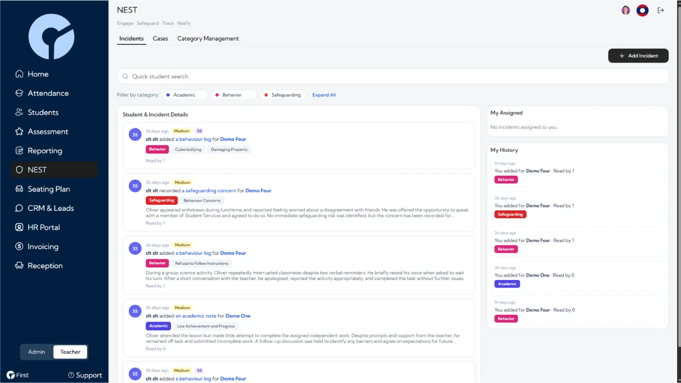 The NEST safeguarding module, showing logged incidents with severity, category tags and who has read each one.