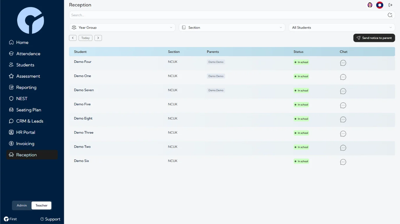 The reception screen, showing which students are in school with linked parent contacts.