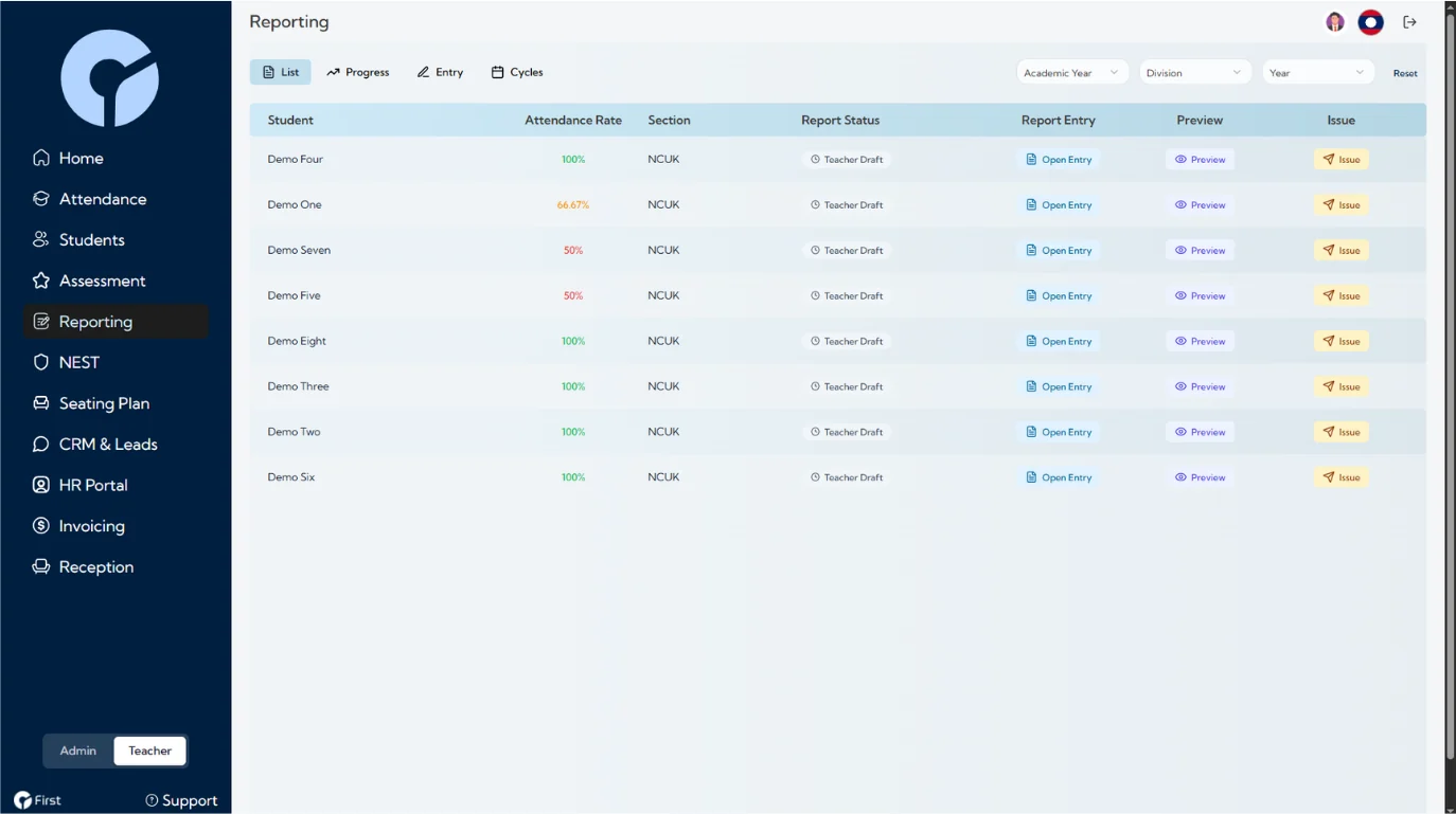 The reporting module, listing each student with attendance rate, section and report status.