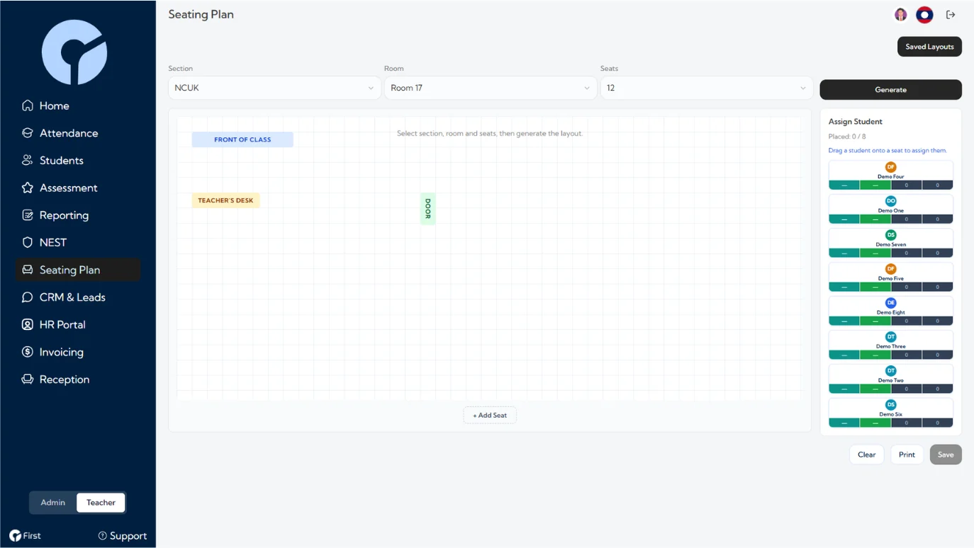 The seating plan tool, with a generated room layout and a student roster to drag from.