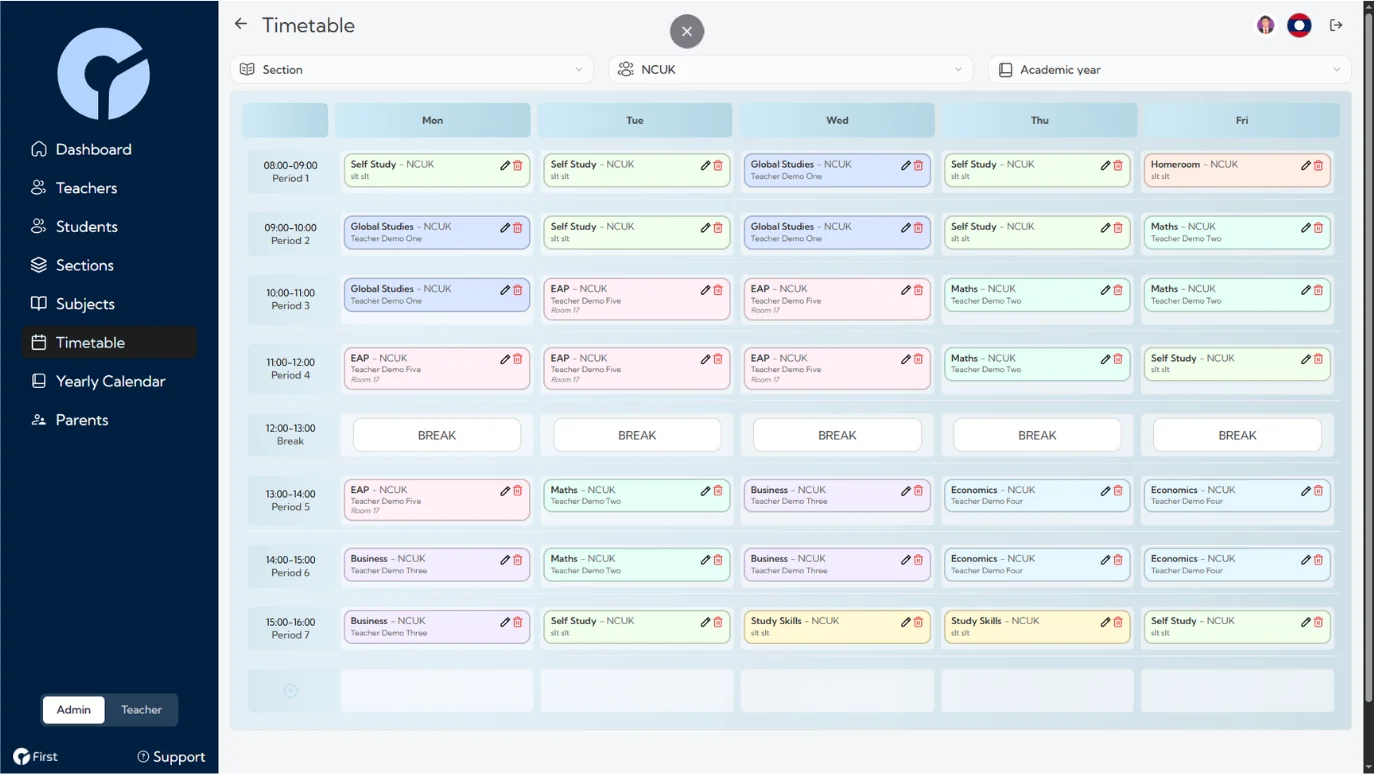A weekly timetable grid colour coded by subject, showing teacher and room in each period.