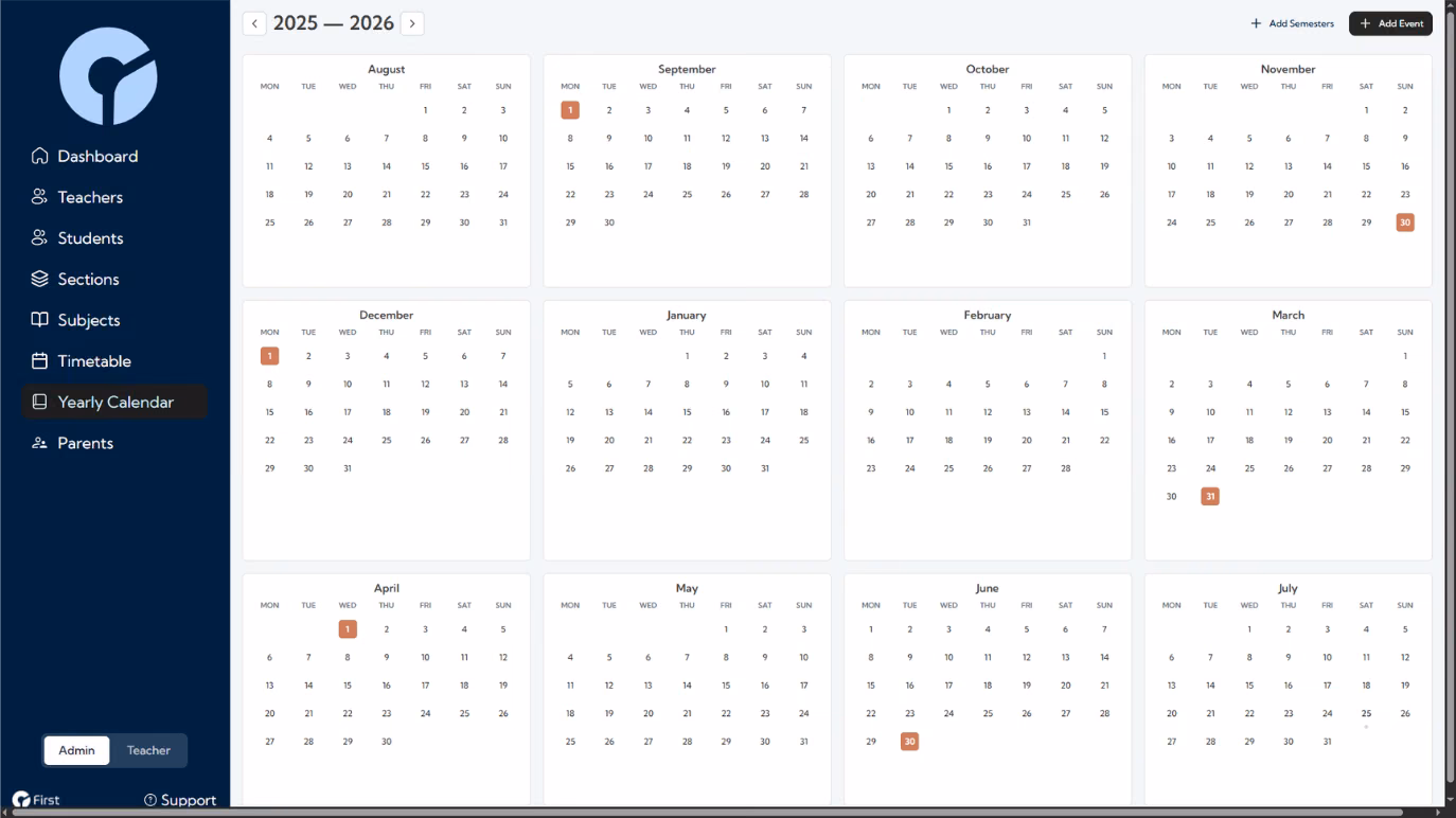 Yearly calendar screenshot